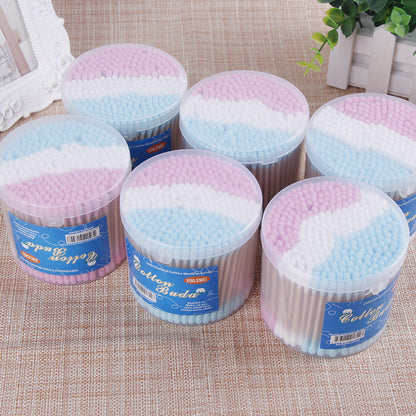 [Xinlemei] Colored cotton three-color round box, 300 colorful bamboo sticks and cotton swabs, disposable makeup cleaning cotton swabs 