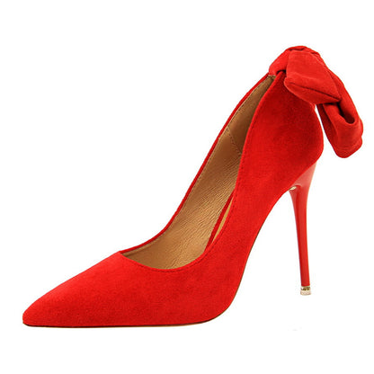 1717-3 European and American style super high heel stiletto simple suede shallow mouth pointy toe with bowknot single shoe high heels 