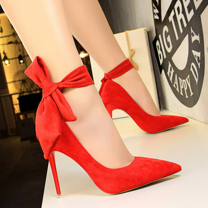 1717-3 European and American style super high heel stiletto simple suede shallow mouth pointy toe with bowknot single shoe high heels 