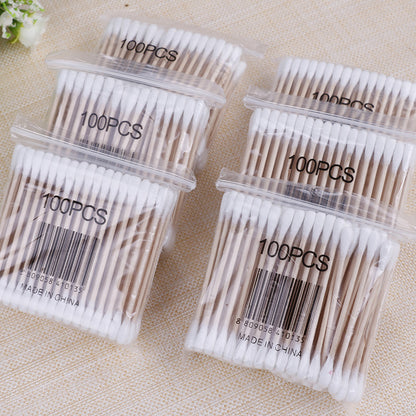 Factory direct sales 100 bamboo sticks bagged small-head cotton swabs disposable double-head absorbent cotton sanitary cotton swabs 