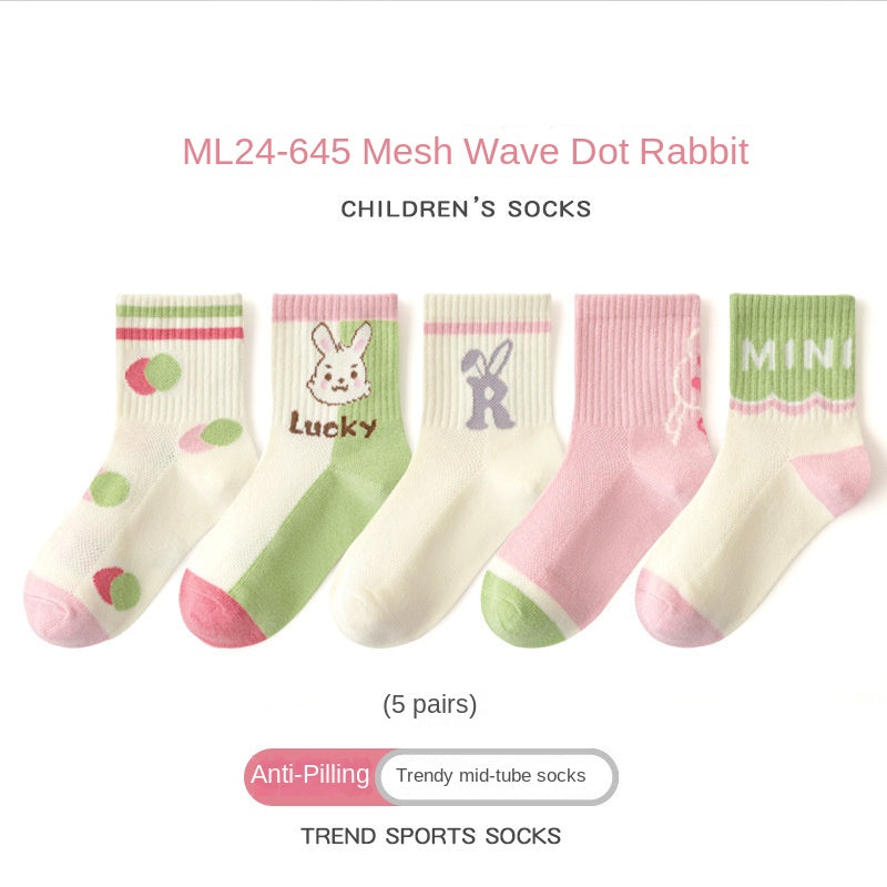 Girls socks spring and summer thin middle tube socks cotton socks mesh socks cute rabbit middle and large children breathable children socks 