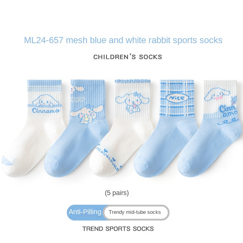 Girls socks spring and summer thin middle tube socks cotton socks mesh socks cute rabbit middle and large children breathable children socks 