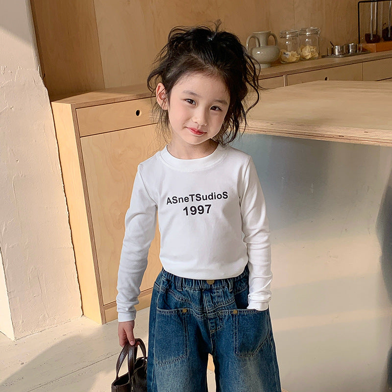 Korean children's clothing 2024 spring new children's letter print short tight top girls casual long-sleeved T-shirt 