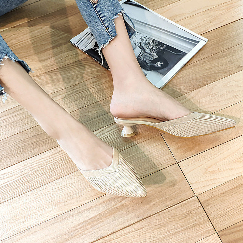 High-heeled slippers half-slip women 2023 summer new knitted pointed toe all-match low-heeled Baotou slippers spot one drop 