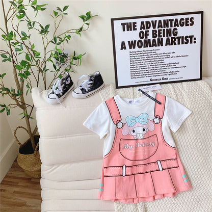 2023 Spring and Autumn New Style Children's Baby Girl Cartoon Print Fake Two-piece Dress Fashionable and Trendy 