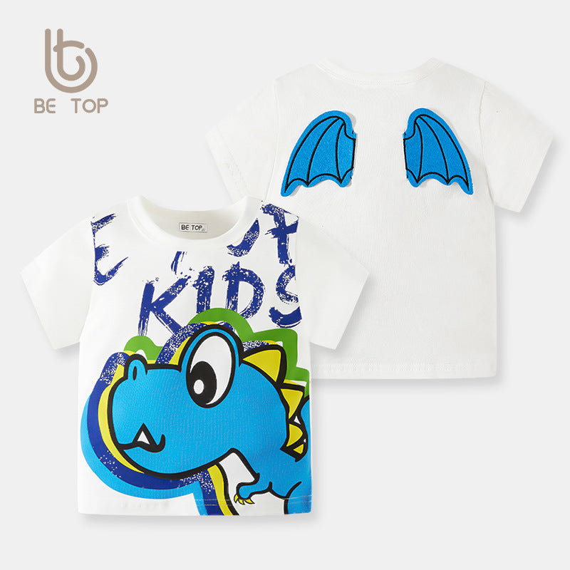 betop children's clothing children's T-shirt cartoon flying dinosaur summer baby boy sweater round neck Korean version one piece 