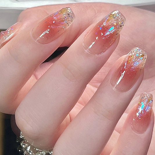 Xiaohongshu Wearable Nails Mid-Length Aurora Diamond Blush Nail Patches ပေါက်ကွဲနိုင်သော လက်သည်းပန်းချီ လက်သည်း လက်ကားဂျယ်လီကော် 