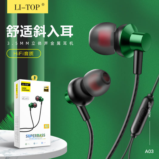 Rio Tinto A03 in-ear 3.5mm metal subwoofer ဖက်ရှင် မိုက်ခရိုဖုန်း ကြိုးတပ်နားကြပ် စက်ရုံဖြင့် ဂီတဝိုင်ယာ ထိန်းချုပ်ခေါ်ဆိုမှုကို နားထောင်ခြင်း