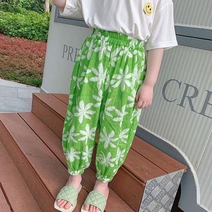 2023 Spring and Autumn New Style Retro Printed Casual Versatile Western Style Air Conditioning Pants for Baby Girls Loose Drawstring Casual Pants 