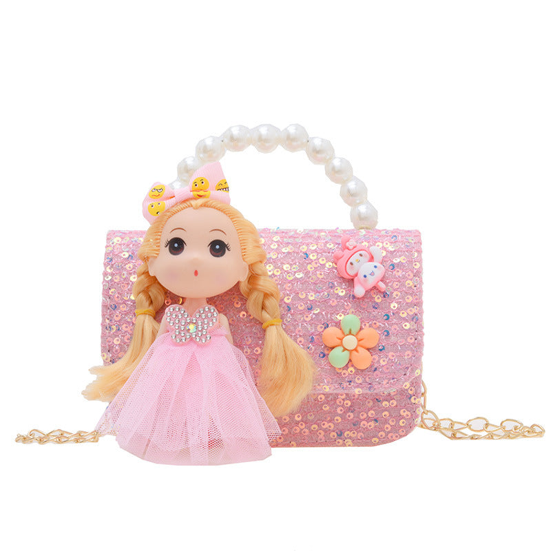 ကလေးအိတ်ဖက်ရှင်ပုလဲလက်ကိုင်အိတ်အသစ် Cartoon Doll Shoulder Bag Girls Chain Crossbody Bag လက်ကား 