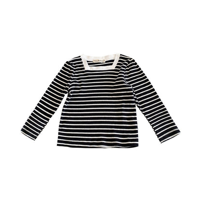 Korean children's clothing 2022 spring new children's bottoming shirt girls square collar striped long-sleeved T-shirt pure cotton top trend 