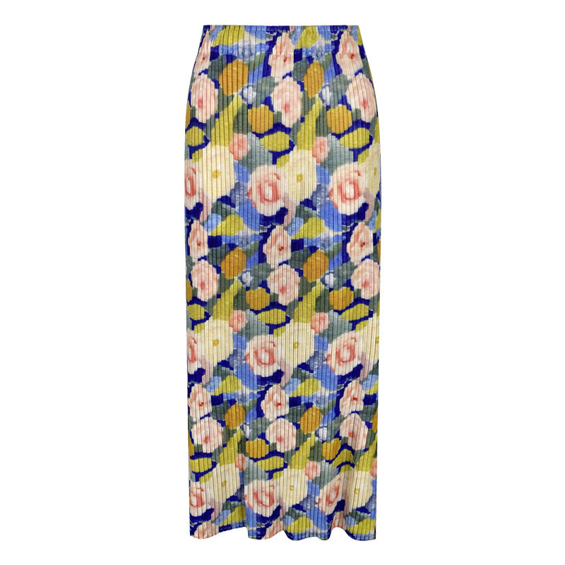 Printed skirt women's spring and summer new high waist slit A-line skirt showing thin temperament package hip flower skirt women 