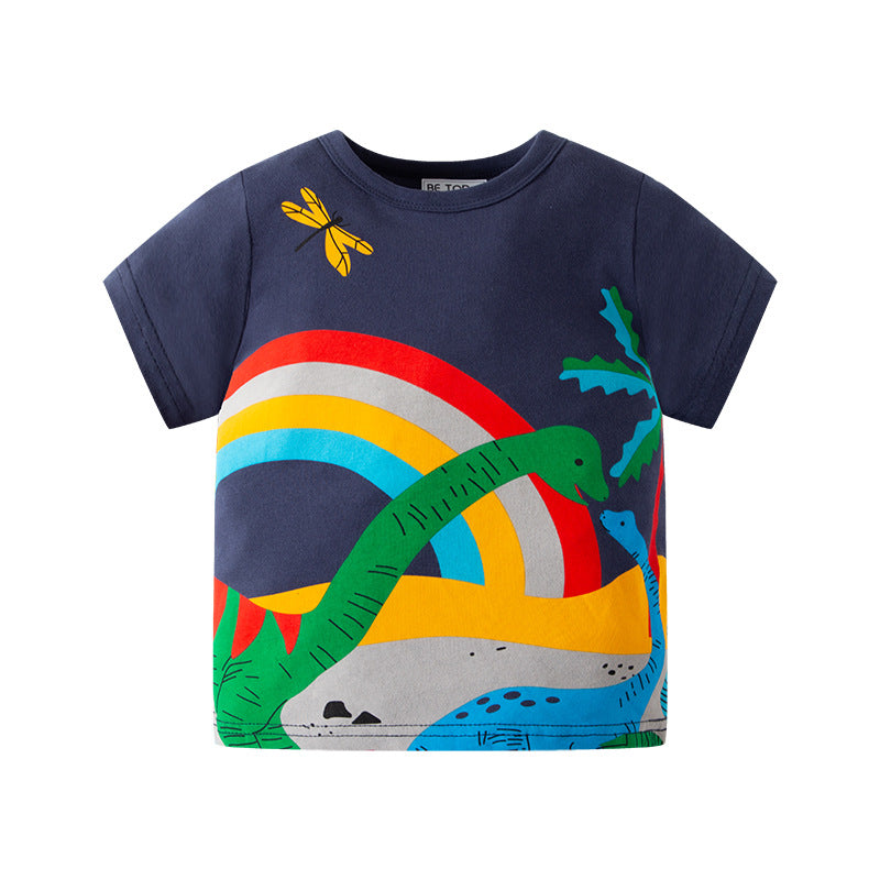 New Cartoon Dinosaur Children's T-shirt Korean Style Summer Clothes Summer Children's Clothes Wholesale Boys Short Sleeve Outer Tops ကိုယ်စား 