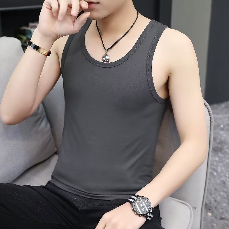 အမျိုးသားဝတ် Vest Elastic Tight Solid Colour Undershirt Sports Vest Men's Summer Slim Shaped Shoulder Backing Shirt ခေတ်မှီလက်ကား