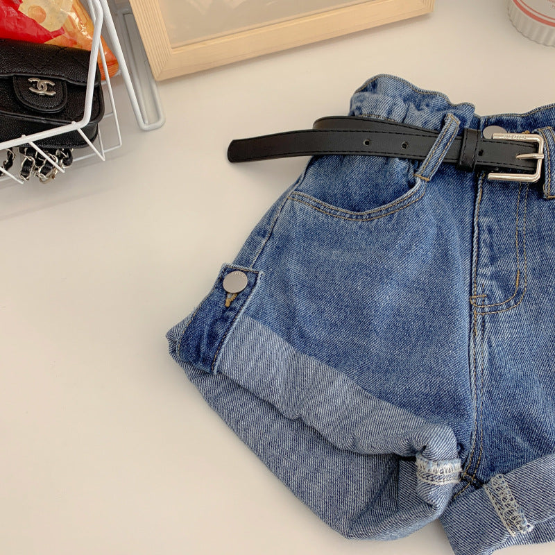 Korean children's clothing 2024 summer new small and medium-sized children's girls pants denim shorts casual pants solid color ins shorts 