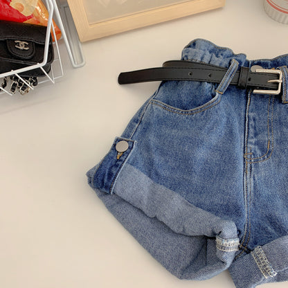 Korean children's clothing 2024 summer new small and medium-sized children's girls pants denim shorts casual pants solid color ins shorts 