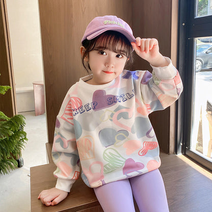 2023 Spring and Autumn New Children's Graffiti Girls Loose Breathable Sweater Versatile Long Sleeve Cute Full Print Pullover Top 