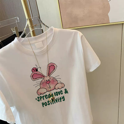 Short-sleeved t-shirt women's summer 2023 new round neck cartoon rabbit print Korean version loose casual top women's ins tide 