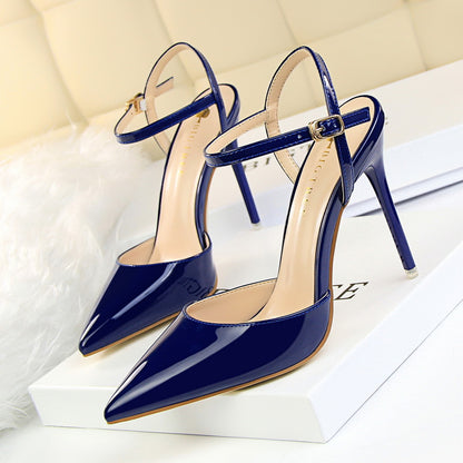 86-1 European and American style simple stiletto heel super high heel shallow mouth pointed toe patent leather sexy nightclub slimming strappy women's sandals 