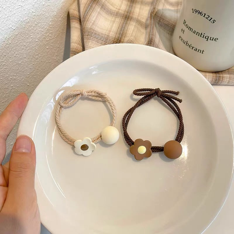 Milk coffee color flower head rope Korean simple hair ring tied hair rubber band temperament female scalp leather set hair rope hair accessories 