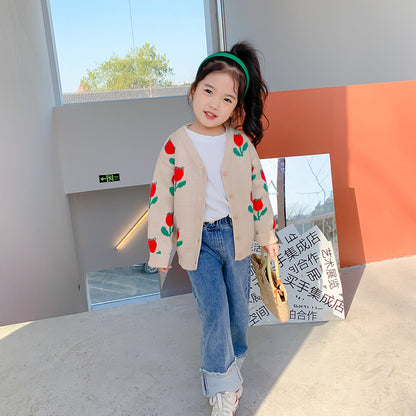 2022 Spring and Summer Korean New Children's Clothing Children's Sweater Cardigan Girls Jacquard Flower Knitted Sweater Children's Coat Trend 