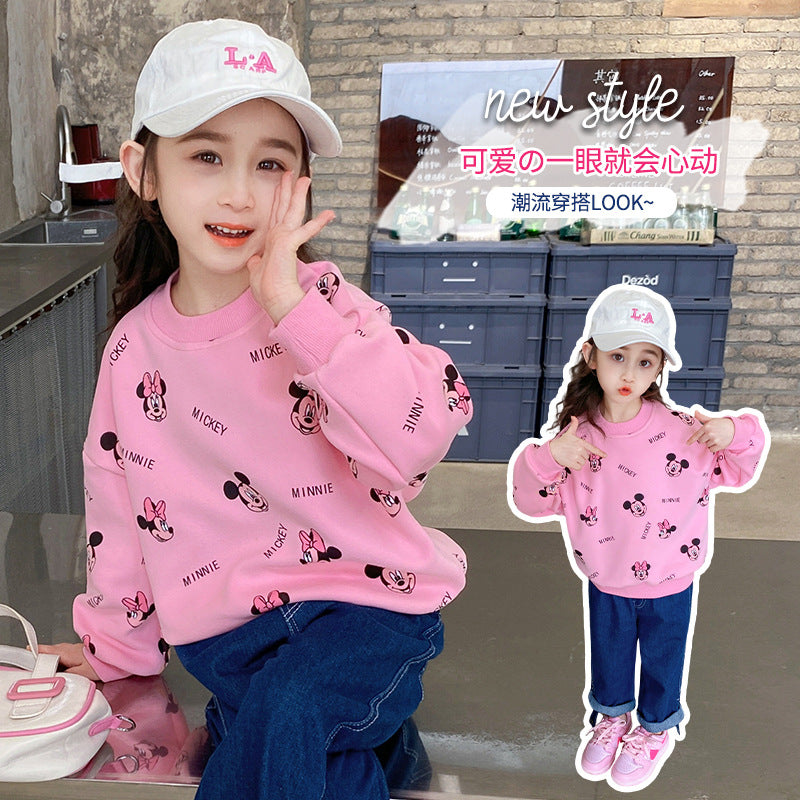 2023 Spring and Autumn New Children's Clothing Baby Girls Fashionable and Versatile Sweaters for Small and Medium-sized Children Girls' Tops Round Neck Thin Style 