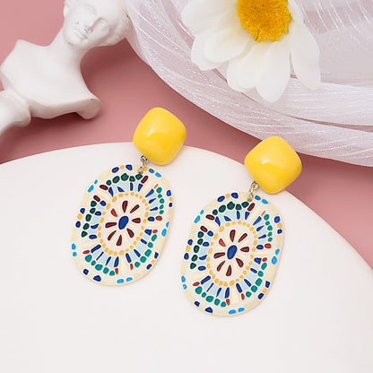 Silver Needle Creative Acrylic Earrings Interesting Contrasting Color Flowers and Leaves Oil Painting Geometric Irregular Stitching Earrings 