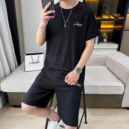 High-quality ice silk casual sports suit men's summer new round neck short-sleeved shorts fitness running two-piece suit