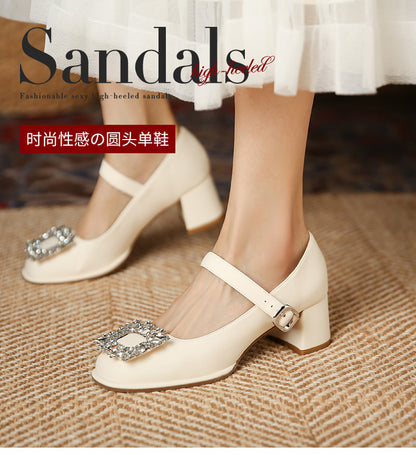 JH628-3 Shallow mouth mid-heel single shoes women's rhinestone square buckle one-word belt buckle chunky heel French Mary Jane shoes