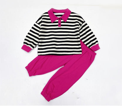 2023 spring and autumn new cotton fashion trend suit girls lapel striped long-sleeved two-piece set for small and medium-sized children 