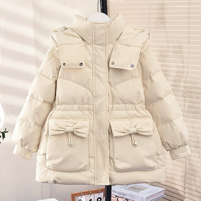 Girls new cotton coat with bow tie Korean style waist thick warm long cotton coat for middle and large children three-proof wash-free fabric 