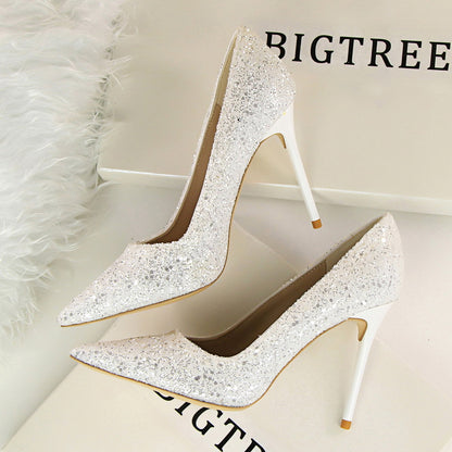 9219-1 European and American style women's shoes, high heels, shallow mouth, pointed toe, sparkling sequins, sexy slimming nightclub high heels single shoes 