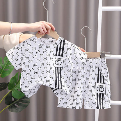 2023 new boys summer suit, handsome children, fashionable clothes, baby summer short-sleeved two-piece set, trendy 