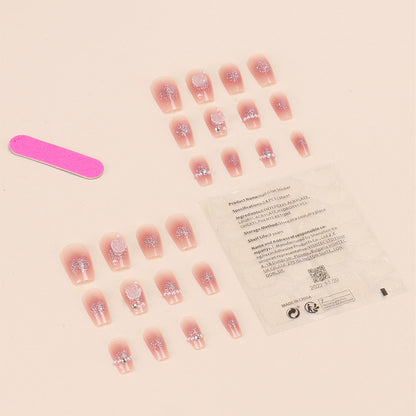 Handmade manicure wholesale mid-length pink iced camellia manicure finished nail patches jelly glue 