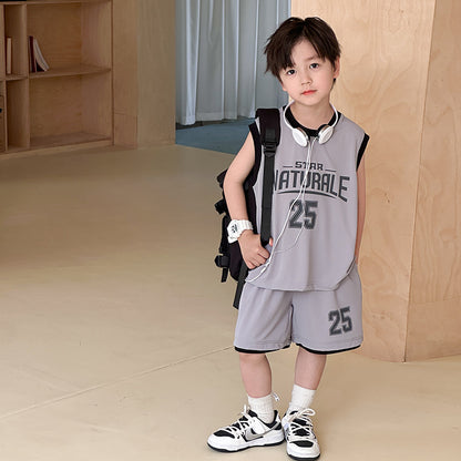 Elmo Beibei 2024 Summer Boys Contrast Letter Sports Two-piece Set Baby Mesh Breathable Basketball Vest Set 