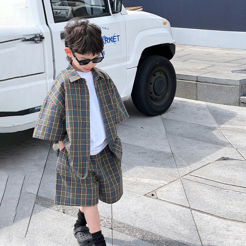 ကလေး နွေရာသီ ယောက်ျားလေးများ ရှပ်အစုံ Little Boy Plaid Shirt ပေါ့ပေါ့ပါးပါး နှစ်ကွက်တွဲ 2024 နွေရာသီ အဝတ်အစားအသစ်များ 