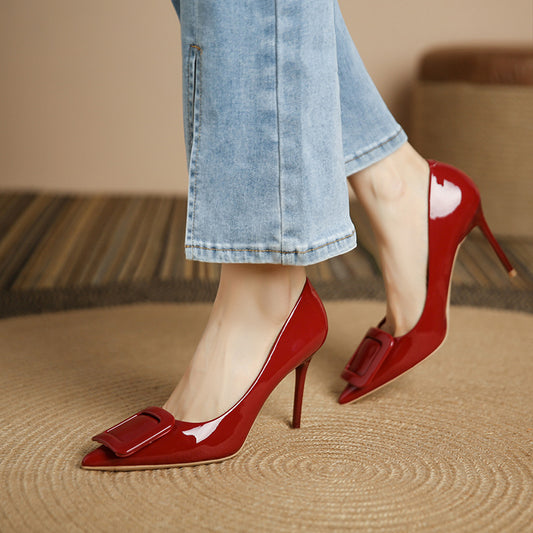 97035-5 Red high-heeled shoes women's spring new commuting shallow mouth pointed toe square buckle stiletto fashion single shoes women's shoes 