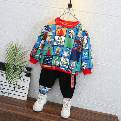 2023 new spring and autumn boys' long-sleeved T-shirts, stylish and handsome Ultraman sweatshirts, loose round neck and versatile tops, trendy 