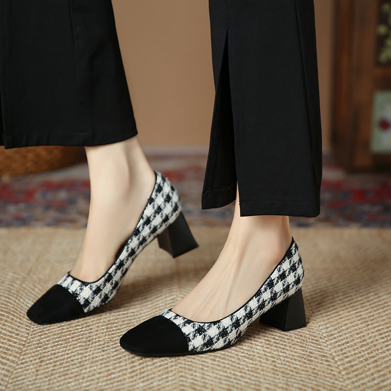 3337-6 Xiaoxiangfeng Mary Jane houndstooth thick-heeled single shoes new color matching square toe shallow mouth mid-heel shoes women's shoes 