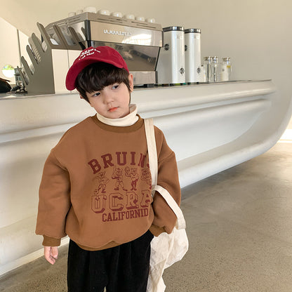 [Clearance Special] Children's Korean version for boys and girls double-layer velvet retro print warm round neck sweatshirt trendy 