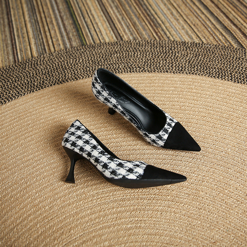 3351-13 French style small fragrant style pointed toe color matching high heels women 2023 houndstooth pointed toe shallow mouth stiletto shoes 