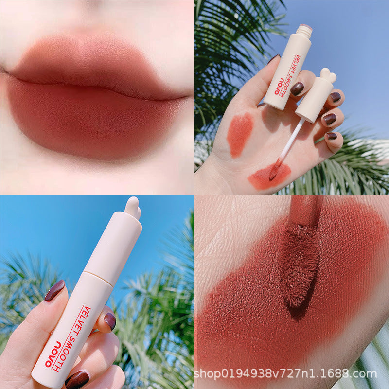 NOVO Xinmu Air Mist Lip Mud သည် ချွေးထွက်ခြင်းကို ခံနိုင်ရည်ရှိပြီး နူးညံ့ချောမွေ့ကာ အရောင်အသွေးစုံလင်ကာ မိတ်ကပ်ဖျက်ရလွယ်ကူခြင်း၊ နှုတ်ခမ်းနီ လက်ကားမိတ်ကပ် 