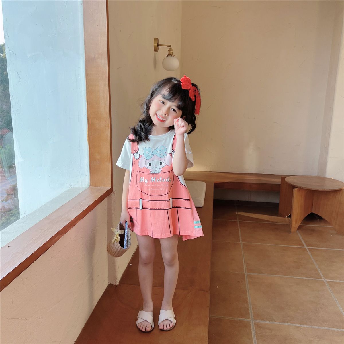 2023 Spring and Autumn New Style Children's Baby Girl Cartoon Print Fake Two-piece Dress Fashionable and Trendy 