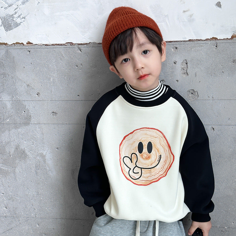 Amo Beibei children's winter plus velvet contrast color tops for boys and girls cute cartoon raglan shoulder fleece sweatshirt 