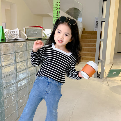 Korean children's clothing 2022 spring new children's bottoming shirt girls square collar striped long-sleeved T-shirt pure cotton top trend 