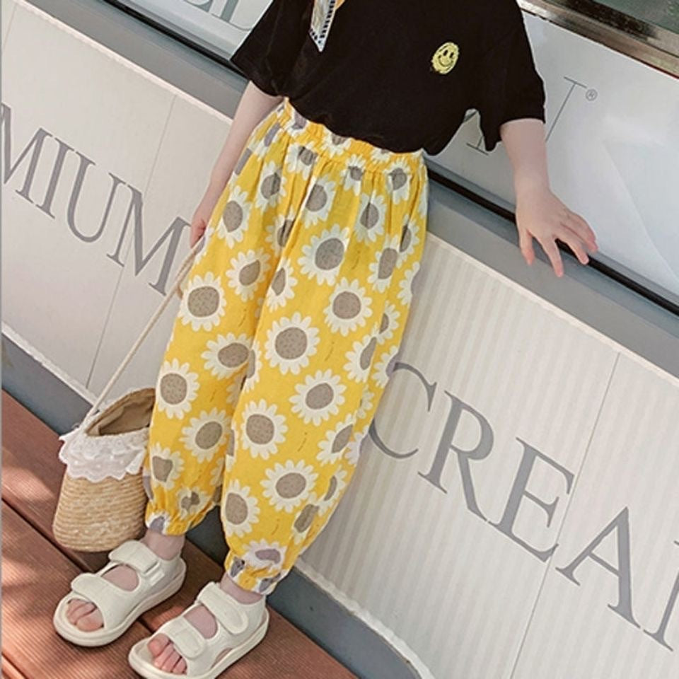 2023 Spring and Autumn New Style Retro Printed Casual Versatile Western Style Air Conditioning Pants for Baby Girls Loose Drawstring Casual Pants 