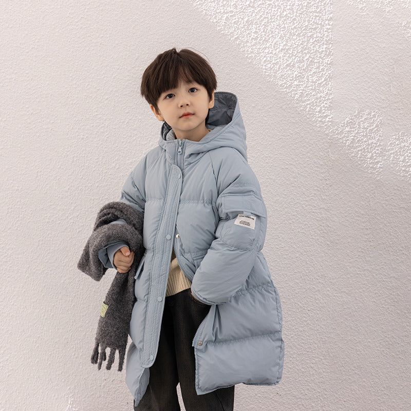 Amo Beibei new national standard children's 2023 winter 90 white duck down thick coat medium and long warm hooded down jacket 