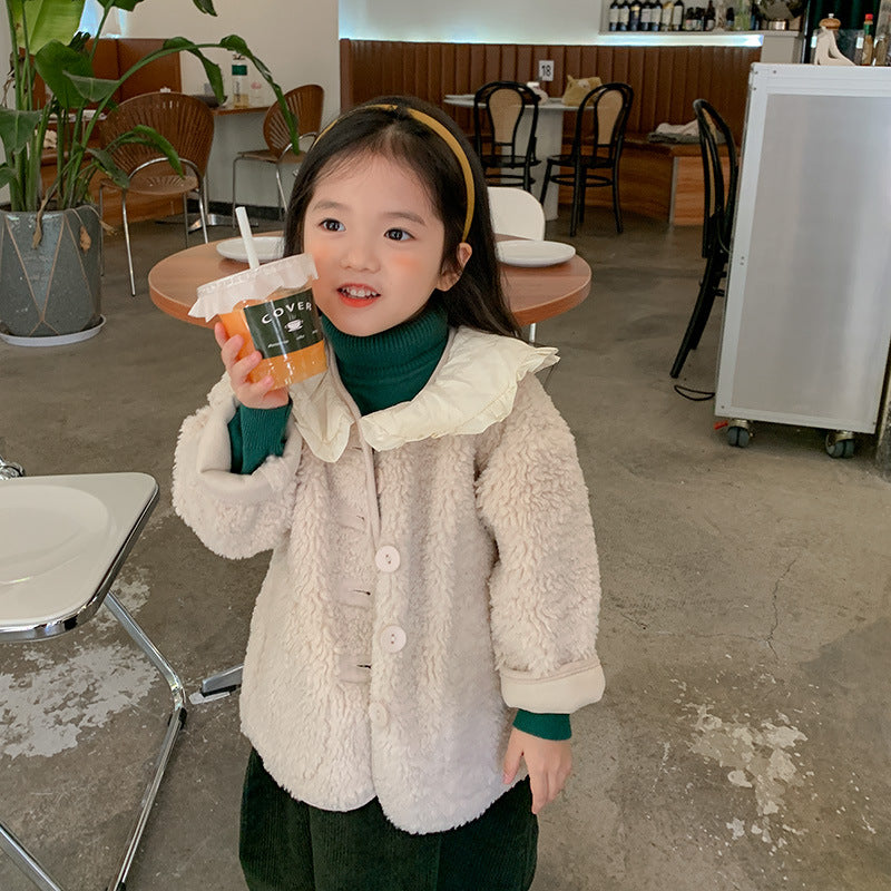 Korean purchasing 2022 autumn and winter children's retro fur integrated girls fashionable lapel lamb wool coat cotton coat trend 