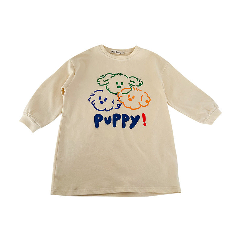 Korean children's clothing 2024 spring new girls cute puppy print T-shirt children's mid-length long-sleeved top 