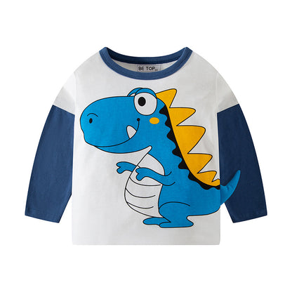 2024 new children's autumn cartoon dinosaur boy clothes pure cotton long-sleeved T-shirt baby round neck top